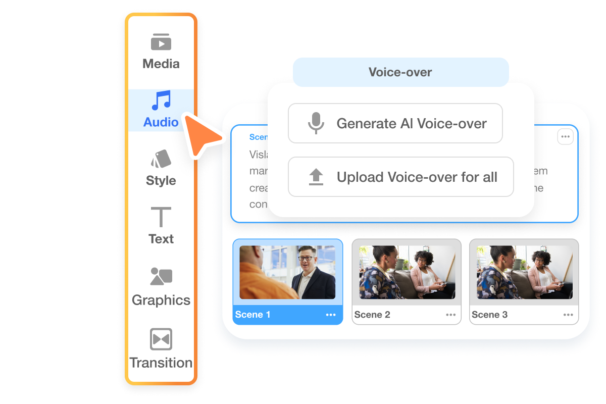 Hassle-Free Video Creation by Visla, designed for marketing teams to effortlessly generate AI voice-overs and upload media, streamlining video production.